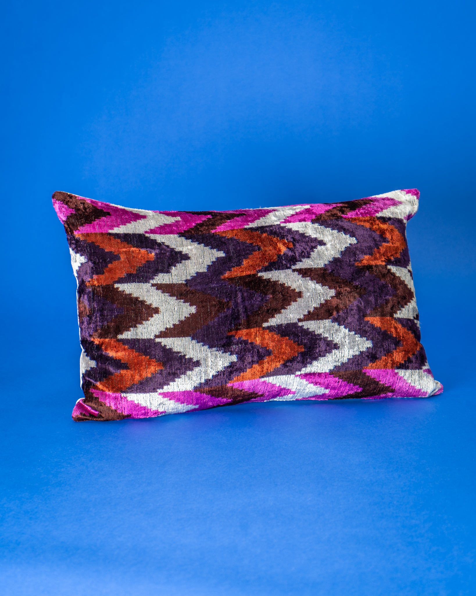 Geometric Silk Ikat Velvet Cushion Cover with Blue, Brown and Off White Colours | Front side is 100% buy Silk Velvet, Back side is Brown Fabric