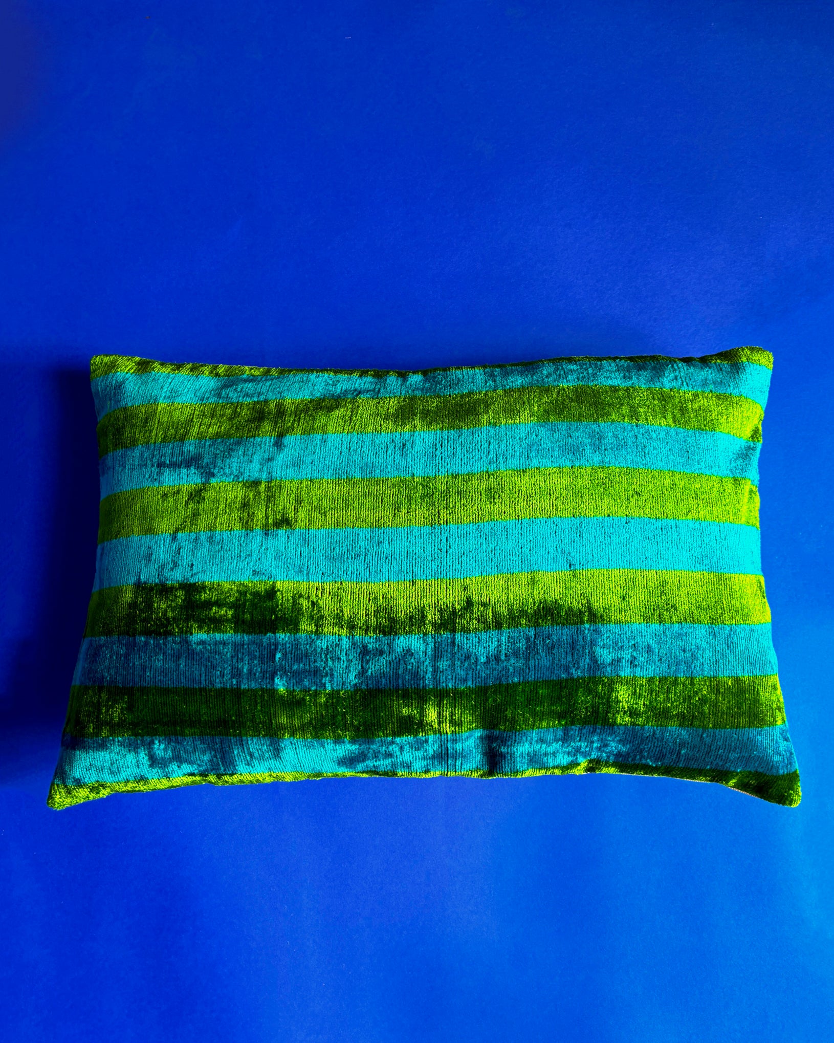 Baklava Ikat Velvet Cushion Green/Blue Stripes