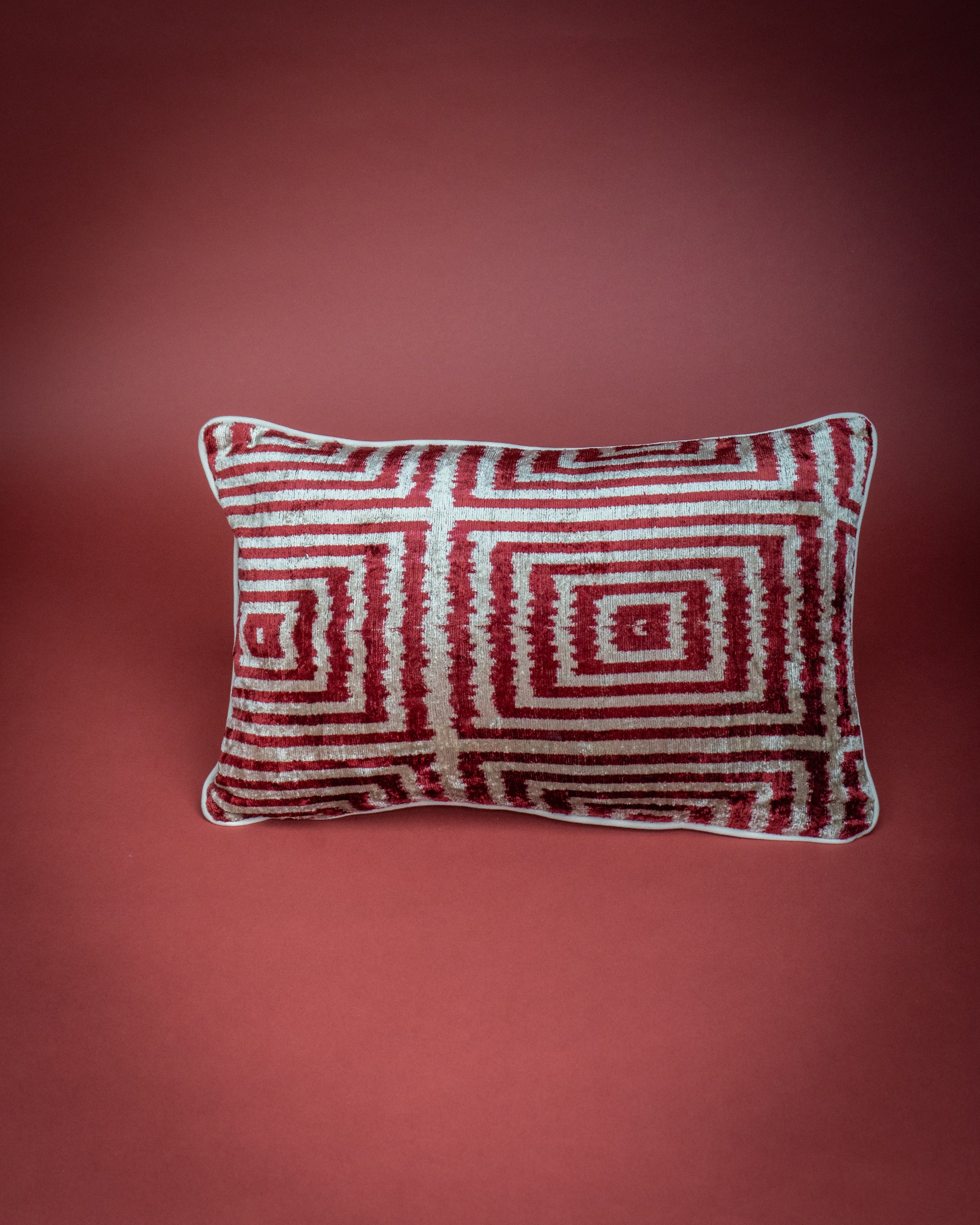 Baklava Ikat Velvet Cushion - Labyrinth Red/White