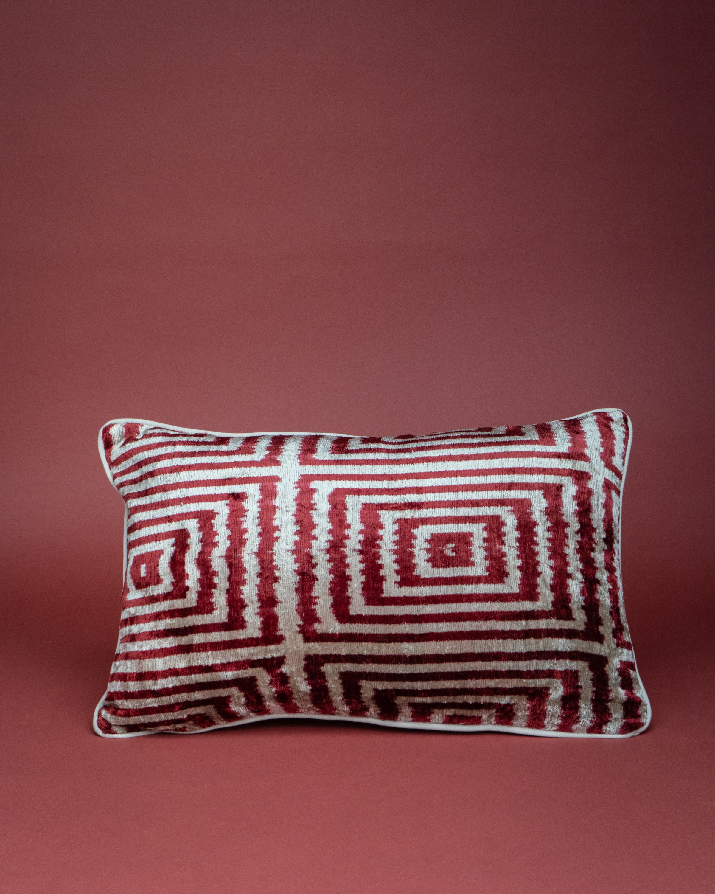 Baklava Ikat Velvet Cushion - Labyrinth Red/White