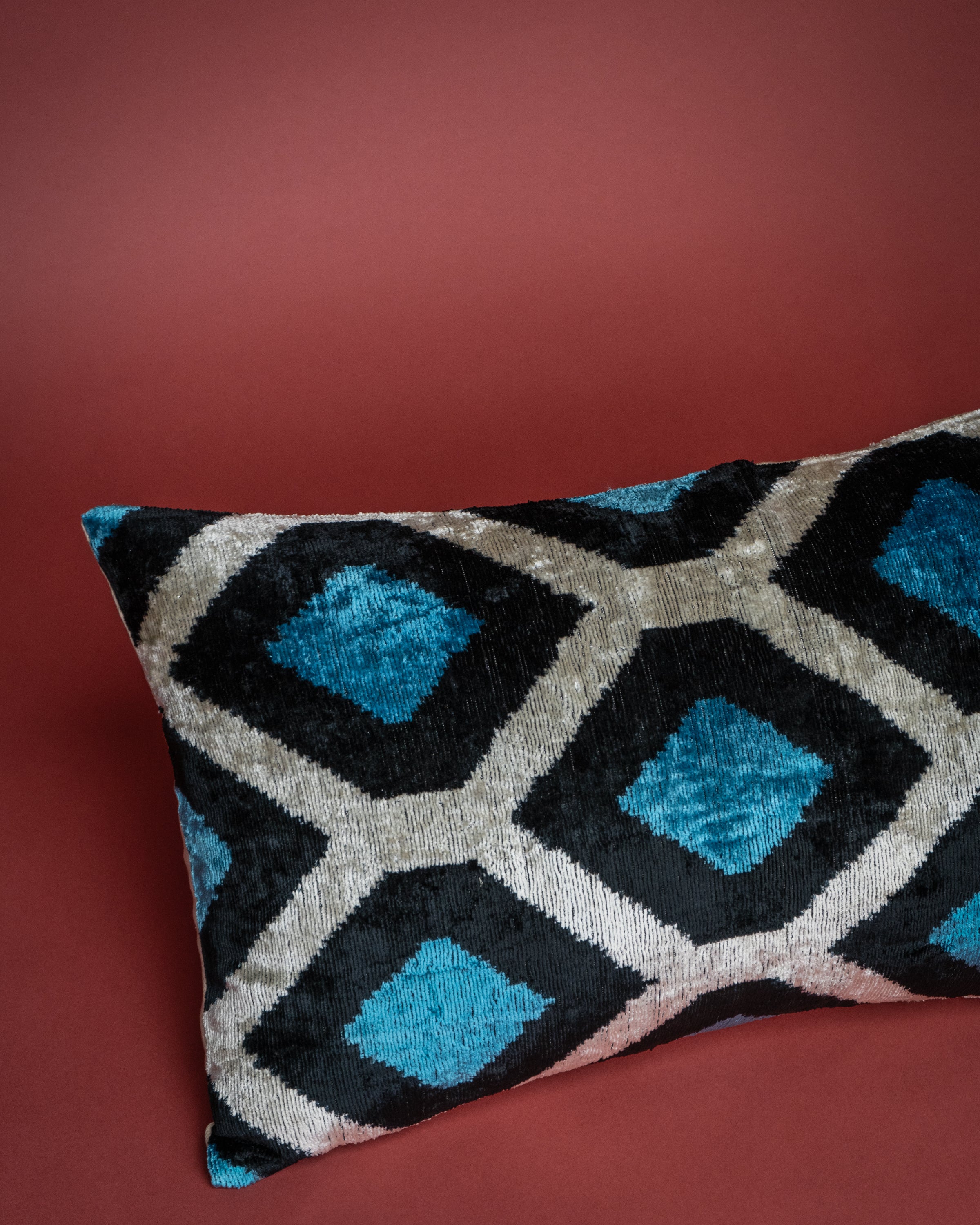 Baklava Ikat Velvet Cushion - Bosphorus Black/Blue/White