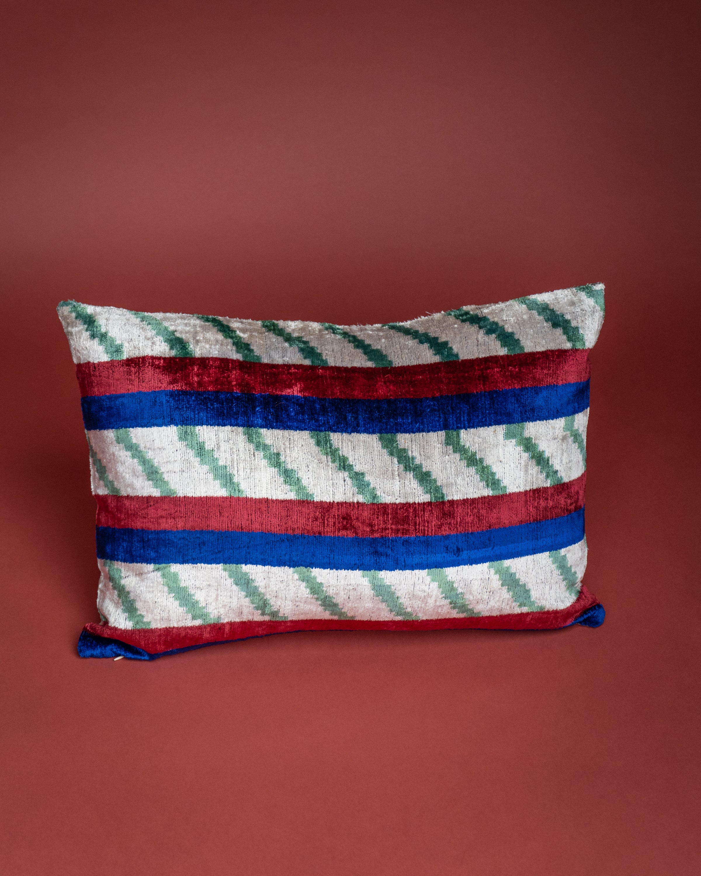 Baklava Ikat Velvet Cushion - Bebek Red/Blue/White