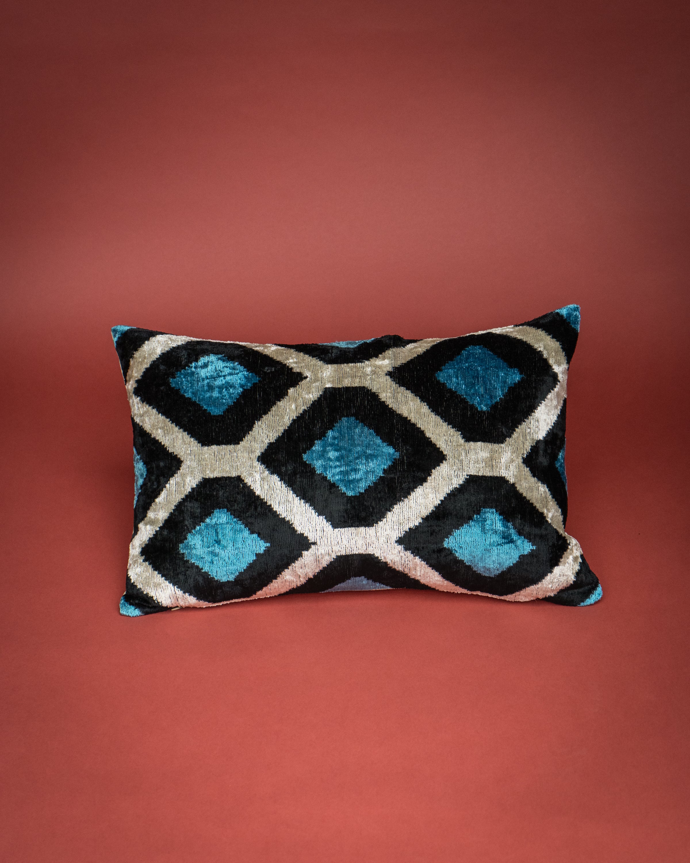 Baklava Ikat Velvet Cushion - Bosphorus Black/Blue/White