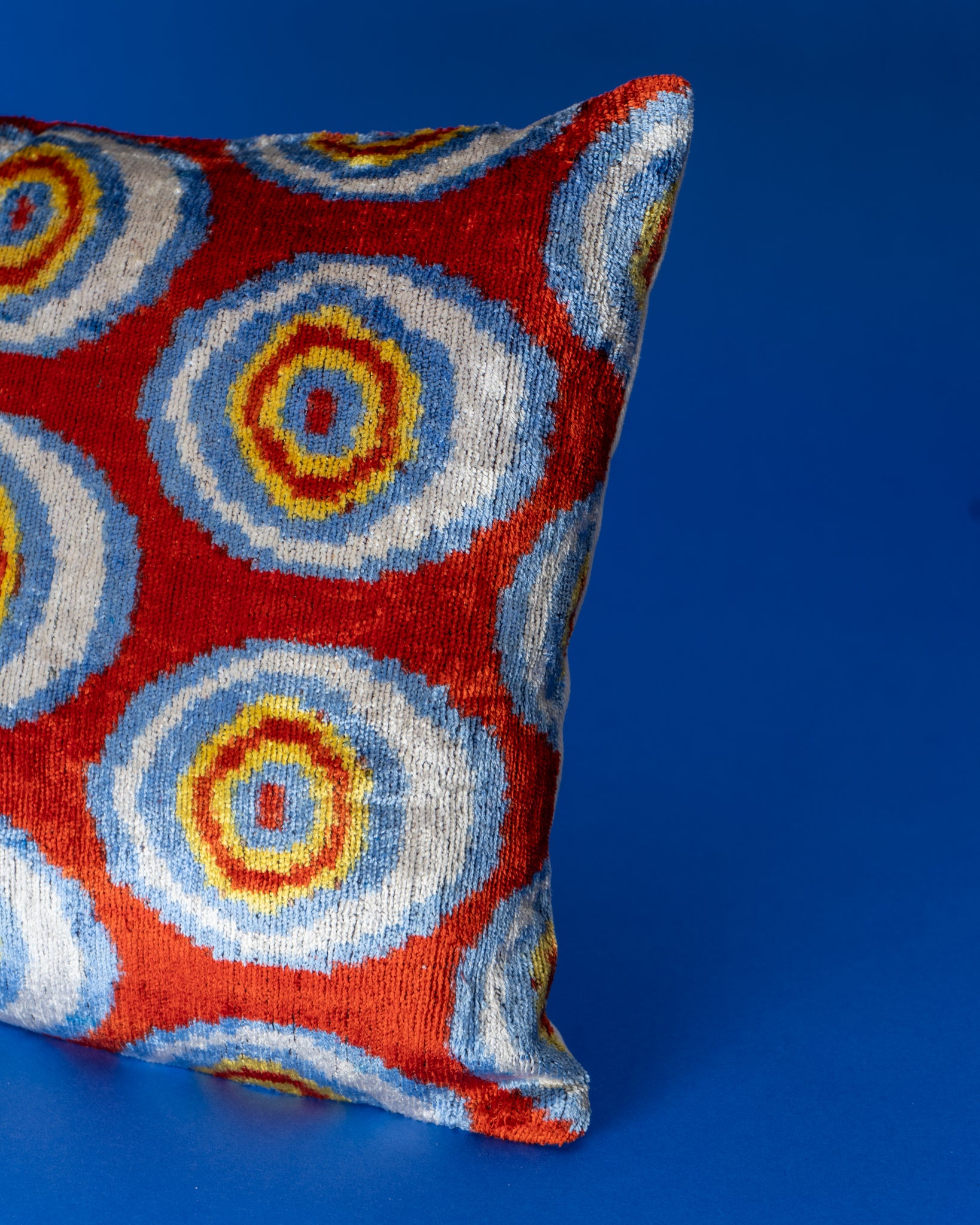 Baklava Ikat Velvet Cushion - Evil Eye Red/Blue/Yellow