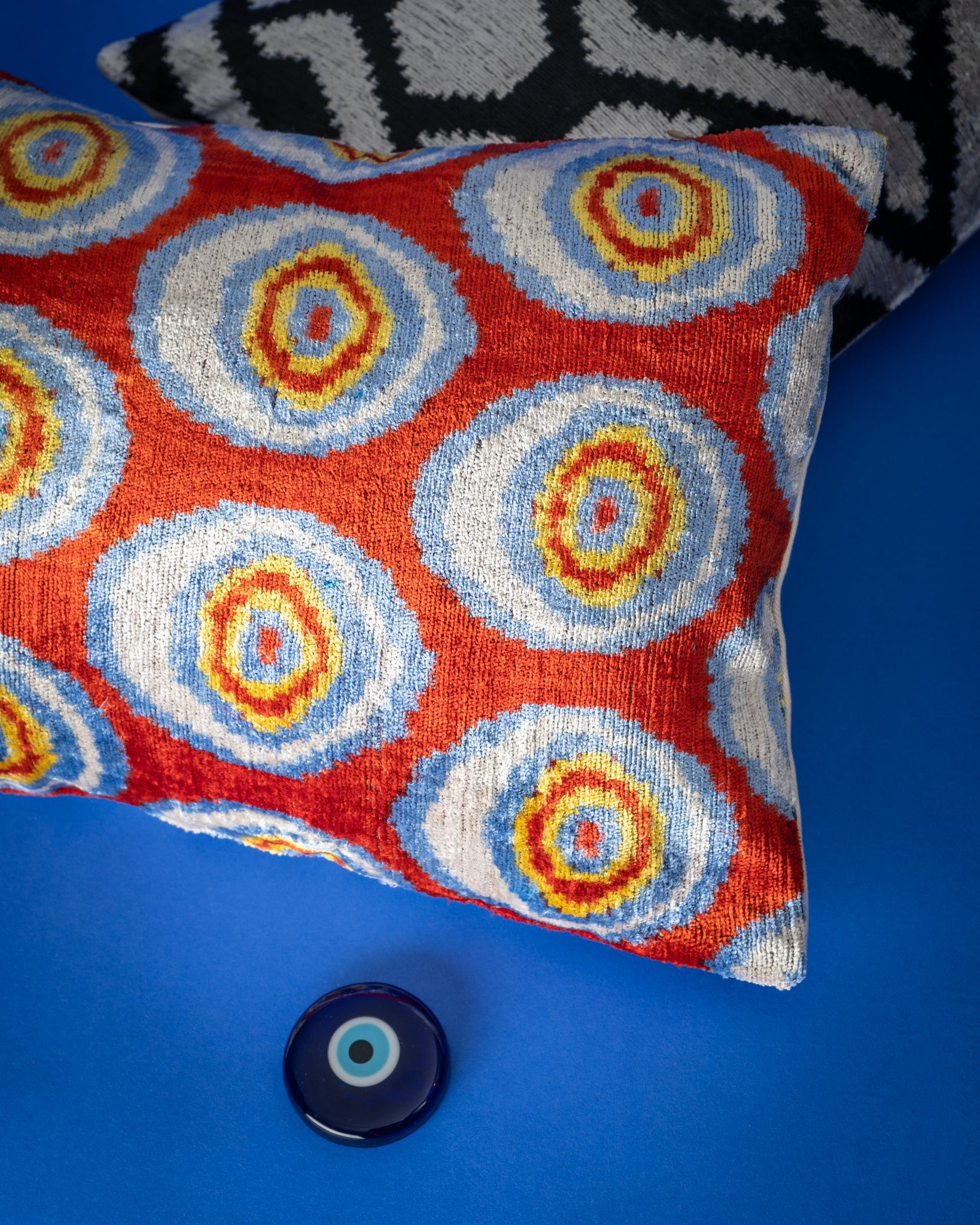 Baklava Ikat Velvet Cushion - Evil Eye Red/Blue/Yellow